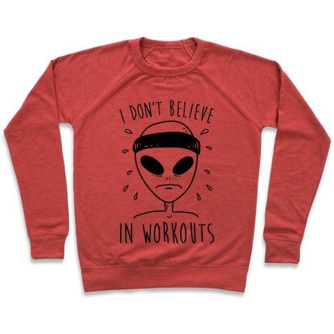 Virgin Teez  Pullover Crewneck Sweatshirt / x-small / Heathered Red I DON'T BELIEVE IN WORKOUTS CREWNECK SWEATSHIRT