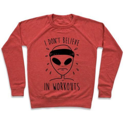 Virgin Teez  Pullover Crewneck Sweatshirt / x-small / Heathered Red I DON'T BELIEVE IN WORKOUTS CREWNECK SWEATSHIRT