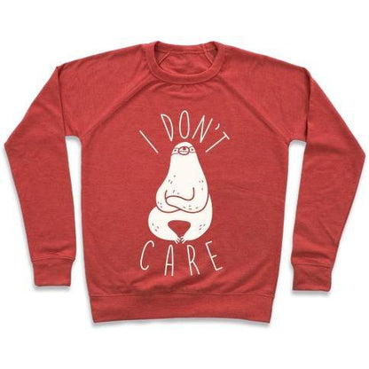 Virgin Teez  Pullover Crewneck Sweatshirt / x-small / Heathered Red I DON'T CARE SLOTH CREWNECK SWEATSHIRT