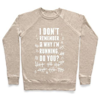 Virgin Teez  Pullover Crewneck Sweatshirt / x-small / Heathered Oatmeal I DON'T REMEMBER WHY I'M RUNNING DO YOU? CREWNECK SWEATSHIRT