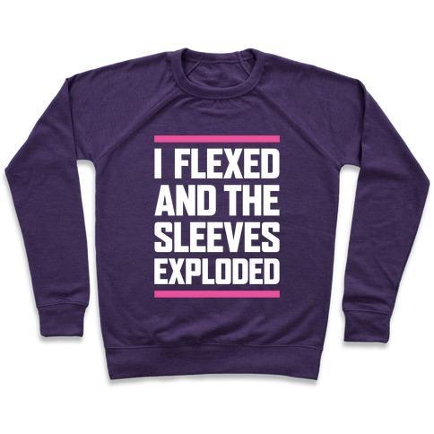 Virgin Teez  Pullover Crewneck Sweatshirt / x-small / Purple I FLEXED AND THE SLEEVES EXPLODED CREWNECK SWEATSHIRT