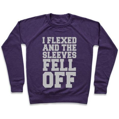 Virgin Teez  Pullover Crewneck Sweatshirt / x-small / Purple I FLEXED AND THE SLEEVES FELL OFF (SILVER) CREWNECK SWEATSHIRT