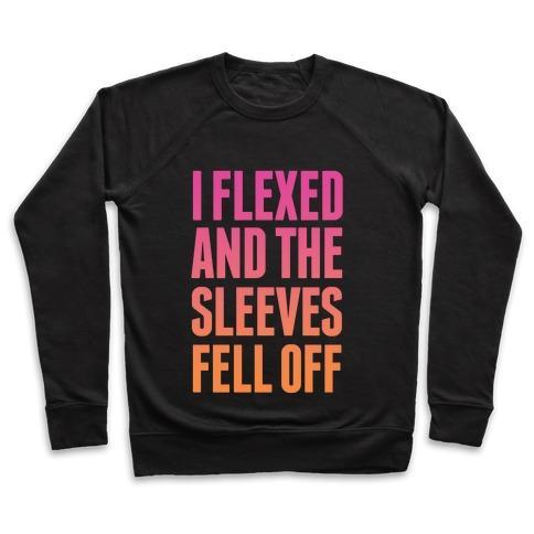 Virgin Teez  Pullover Crewneck Sweatshirt / x-small / Black I FLEXED AND THE SLEEVES FELL OFF (SUNSET) CREWNECK SWEATSHIRT