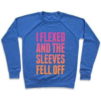 Virgin Teez  Pullover Crewneck Sweatshirt / x-small / Heathered Blue I FLEXED AND THE SLEEVES FELL OFF (SUNSET) CREWNECK SWEATSHIRT