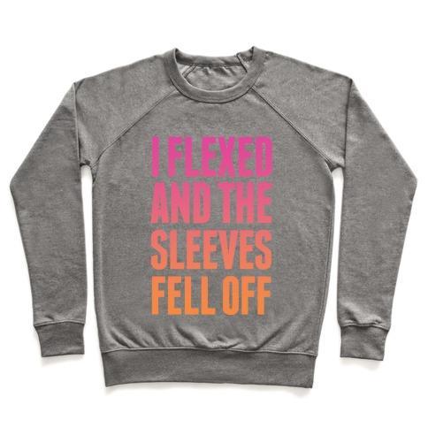 Virgin Teez  Pullover Crewneck Sweatshirt / x-small / Heathered Gray I FLEXED AND THE SLEEVES FELL OFF (SUNSET) CREWNECK SWEATSHIRT