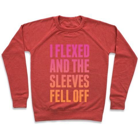 Virgin Teez  Pullover Crewneck Sweatshirt / x-small / Heathered Red I FLEXED AND THE SLEEVES FELL OFF (SUNSET) CREWNECK SWEATSHIRT