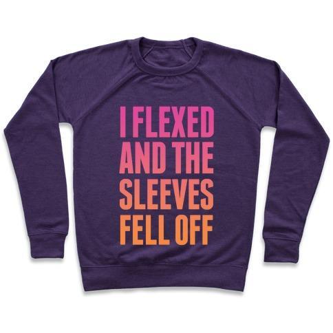 Virgin Teez  Pullover Crewneck Sweatshirt / x-small / Purple I FLEXED AND THE SLEEVES FELL OFF (SUNSET) CREWNECK SWEATSHIRT