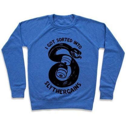 Virgin Teez  Pullover Crewneck Sweatshirt / x-small / Heathered Blue I GOT SORTED INTO SLYTHERGAINS CREWNECK SWEATSHIRT