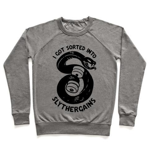 Virgin Teez  Pullover Crewneck Sweatshirt / x-small / Heathered Gray I GOT SORTED INTO SLYTHERGAINS CREWNECK SWEATSHIRT