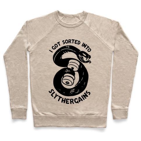 Virgin Teez  Pullover Crewneck Sweatshirt / x-small / Heathered Oatmeal I GOT SORTED INTO SLYTHERGAINS CREWNECK SWEATSHIRT