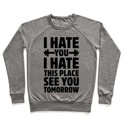 Virgin Teez  Pullover Crewneck Sweatshirt / x-small / Heathered Gray I HATE YOU I HATE THIS PLACE SEE YOU TOMORROW CREWNECK SWEATSHIRT