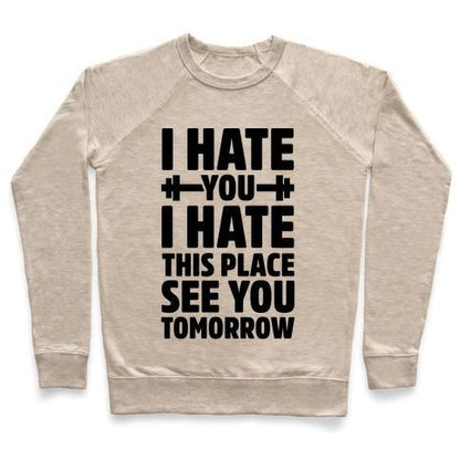 Virgin Teez  Pullover Crewneck Sweatshirt / x-small / Heathered Oatmeal I HATE YOU I HATE THIS PLACE SEE YOU TOMORROW CREWNECK SWEATSHIRT