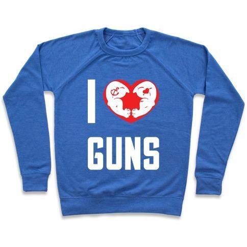 Virgin Teez  Pullover Crewneck Sweatshirt / x-small / Heathered Blue I HEART GUNS CREWNECK SWEATSHIRT