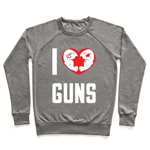 Virgin Teez  Pullover Crewneck Sweatshirt / x-small / Heathered Gray I HEART GUNS CREWNECK SWEATSHIRT