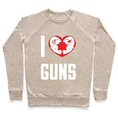 Virgin Teez  Pullover Crewneck Sweatshirt / x-small / Heathered Oatmeal I HEART GUNS CREWNECK SWEATSHIRT