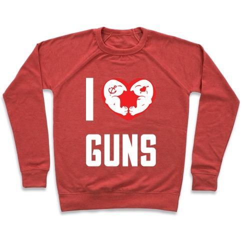 Virgin Teez  Pullover Crewneck Sweatshirt / x-small / Heathered Red I HEART GUNS CREWNECK SWEATSHIRT