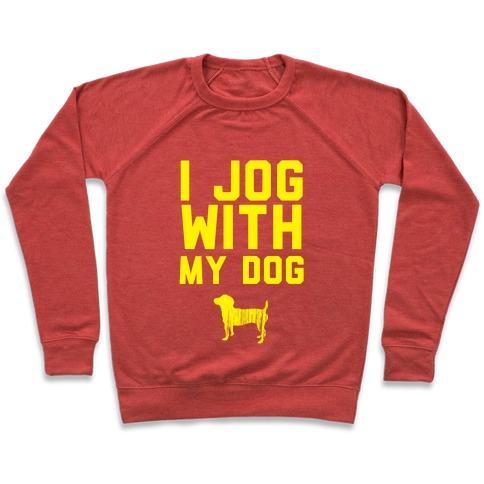 Virgin Teez  Pullover Crewneck Sweatshirt / x-small / Heathered Red I JOG WITH MY DOG CREWNECK SWEATSHIRT