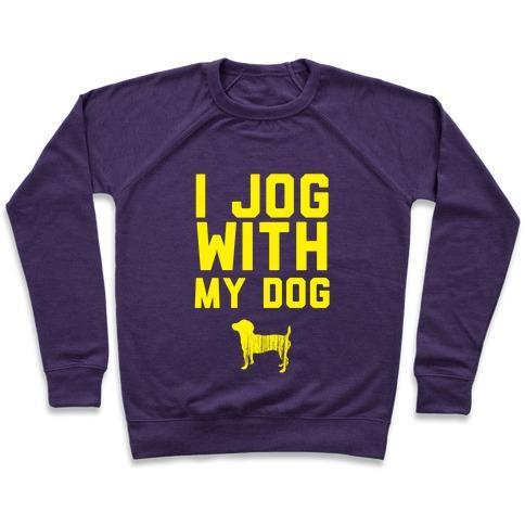 Virgin Teez  Pullover Crewneck Sweatshirt / x-small / Purple I JOG WITH MY DOG CREWNECK SWEATSHIRT