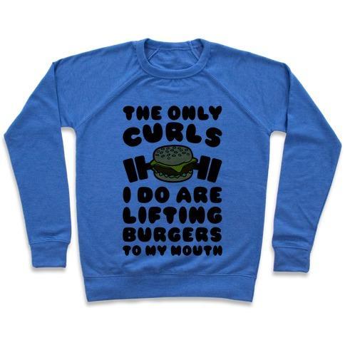 Virgin Teez  Pullover Crewneck Sweatshirt / x-small / Heathered Blue I LIFT BURGERS CREWNECK SWEATSHIRT