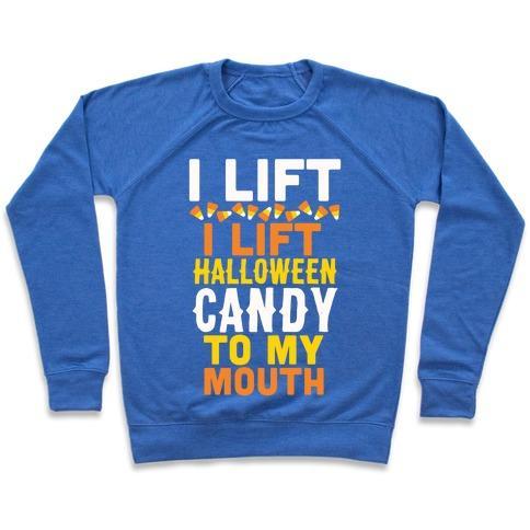 Virgin Teez  Pullover Crewneck Sweatshirt / x-small / Heathered Blue I LIFT (HALLOWEEN CANDY TO MY MOUTH) CREWNECK SWEATSHIRT