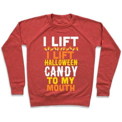 Virgin Teez  Pullover Crewneck Sweatshirt / x-small / Heathered Red I LIFT (HALLOWEEN CANDY TO MY MOUTH) CREWNECK SWEATSHIRT