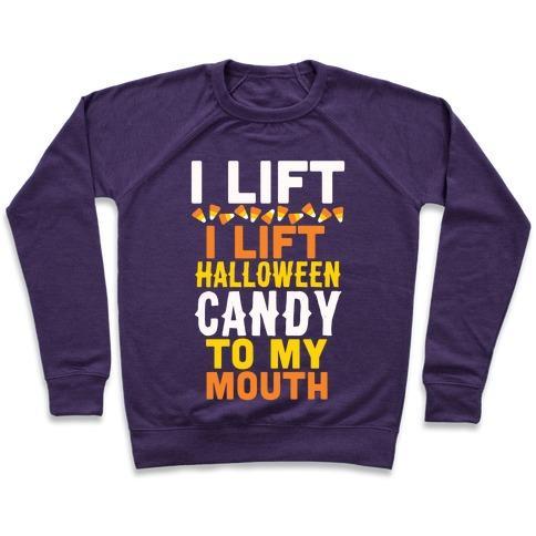 Virgin Teez  Pullover Crewneck Sweatshirt / x-small / Purple I LIFT (HALLOWEEN CANDY TO MY MOUTH) CREWNECK SWEATSHIRT