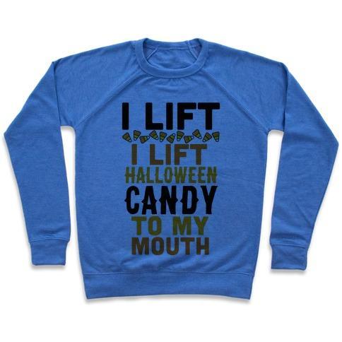 Virgin Teez  Pullover Crewneck Sweatshirt / x-small / Heathered Blue I LIFT (HALLOWEEN CANDY TO MY MOUTH) CREWNECK SWEATSHIRT