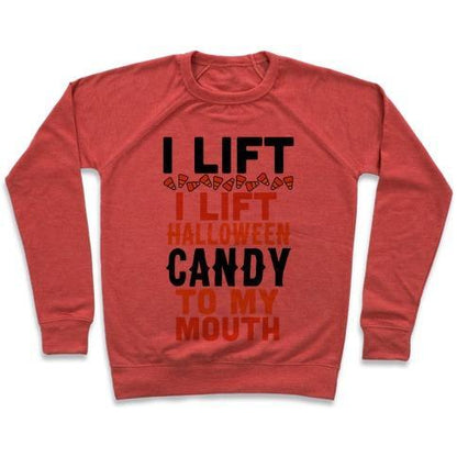 Virgin Teez  Pullover Crewneck Sweatshirt / x-small / Heathered Red I LIFT (HALLOWEEN CANDY TO MY MOUTH) CREWNECK SWEATSHIRT