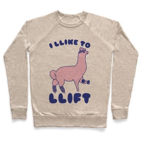 Virgin Teez  Pullover Crewneck Sweatshirt / x-small / Heathered Oatmeal I LIKE TO LIFT LLAMA CREWNECK SWEATSHIRT