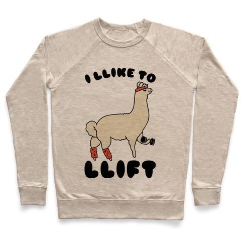 Virgin Teez  Pullover Crewneck Sweatshirt / x-small / Heathered Oatmeal I LIKE TO LIFT LLAMA CREWNECK SWEATSHIRT