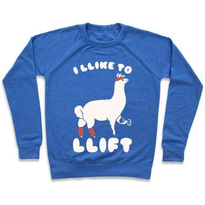 Virgin Teez  Pullover Crewneck Sweatshirt / x-small / Heathered Blue I LIKE TO LIFT LLAMA CREWNECK SWEATSHIRT