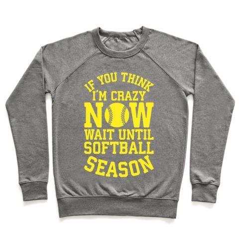 Virgin Teez  Pullover Crewneck Sweatshirt / x-small / Heathered Gray IF YOU THINK I'M CRAZY NOW WAIT UNTIL SOFTBALL SEASON CREWNECK SWEATSHIRT