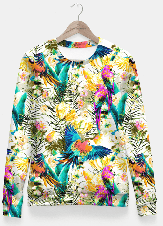 Sadaf Hamid Sweat Shirt Jungle of fruit with tropical parrots Sudadera entallada