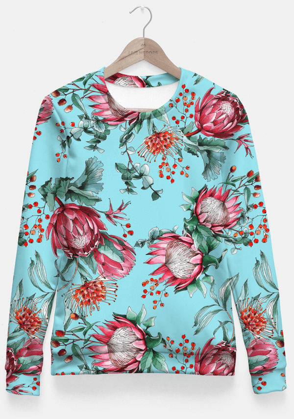 Sadaf Hamid Sweat Shirt King protea flowers watercolor illustration Fitted Waist Sweater Women