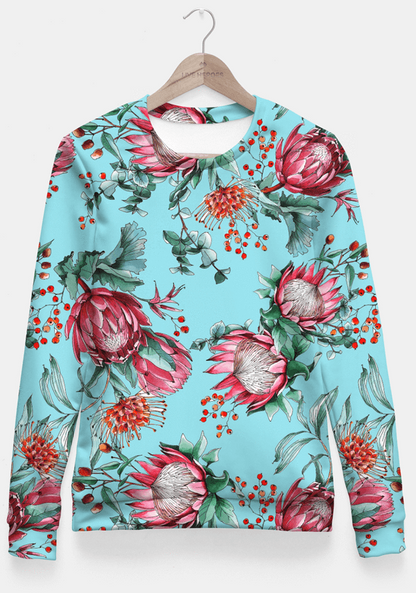 Sadaf Hamid Sweat Shirt King protea flowers watercolor illustration Fitted Waist Sweater Women