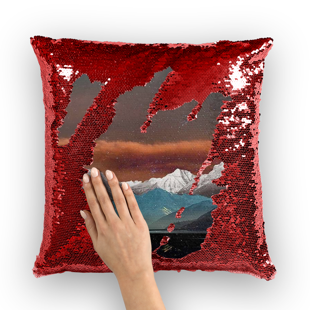 VIRGIN TEEZ Sequin Cover Red / White Landscape Collage No. 2 Sequin Cushion Cover