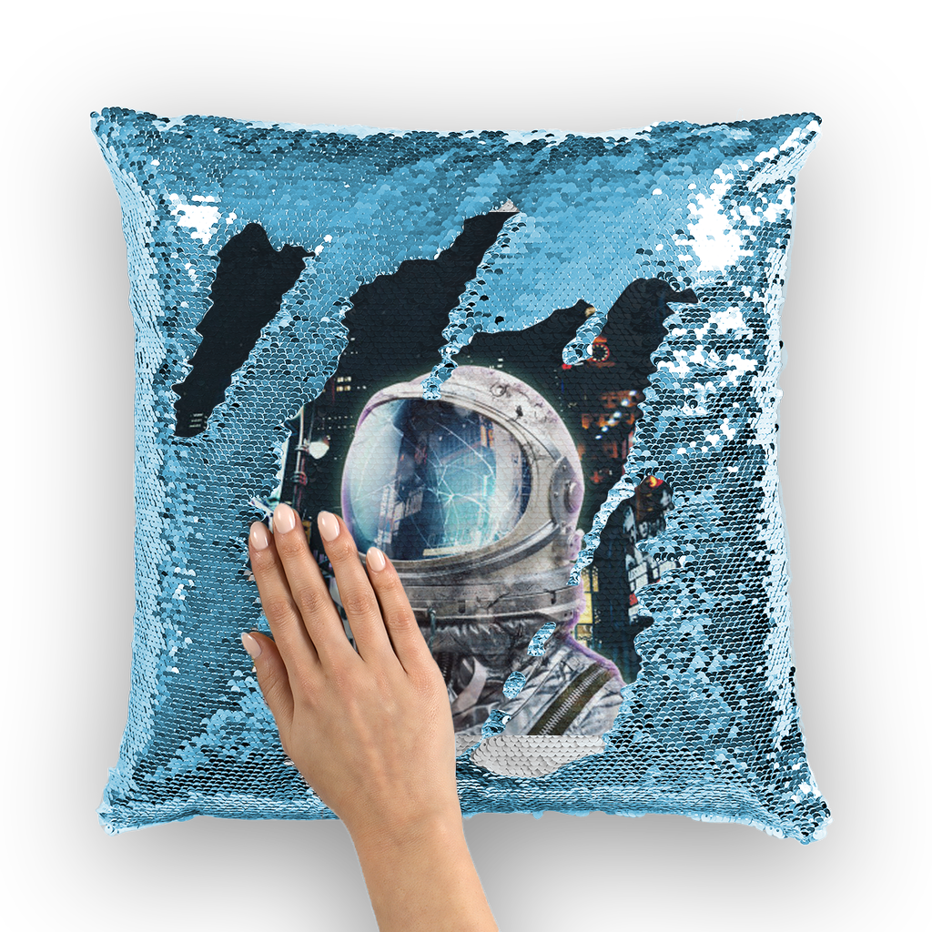 VIRGIN TEEZ Sequin Cover Light Blue / White Late Night Life Sequin Cushion Cover