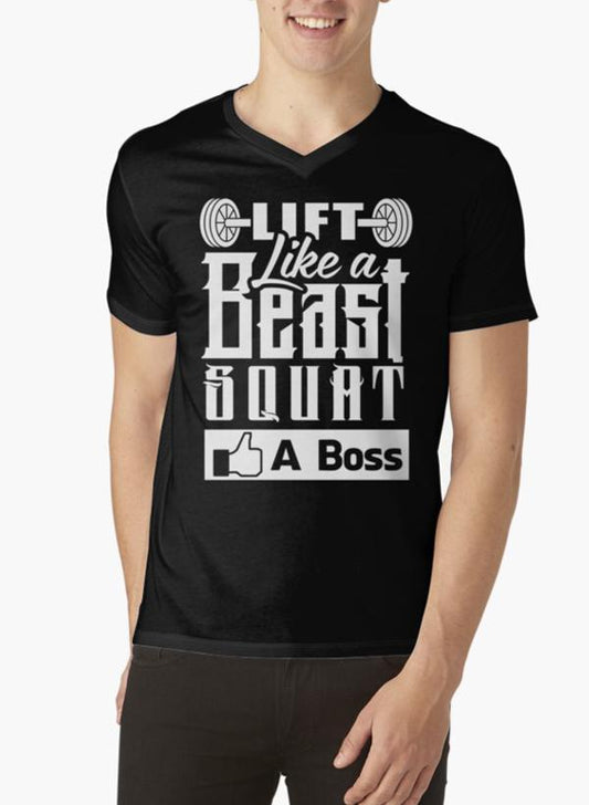 Ali Ahsan T-SHIRT Lift Like A Beast Squat Like A Boss Gym Fitness Black V-neck T-Shirts