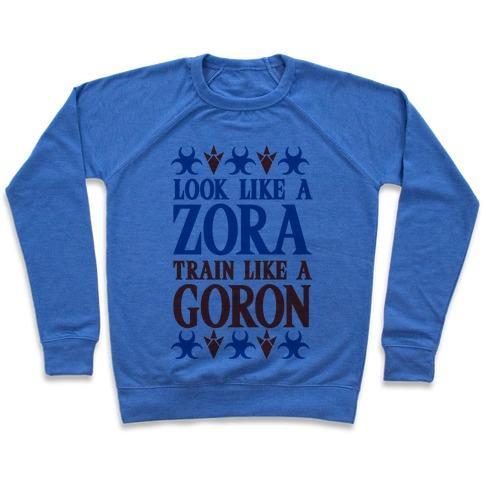 Virgin Teez  Pullover Crewneck Sweatshirt / x-small / Heathered Blue LOOK LIKE A ZORA TRAIN LIKE A GORON CREWNECK SWEATSHIRT