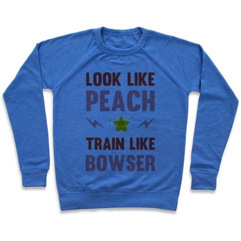 Virgin Teez  Pullover Crewneck Sweatshirt / x-small / Heathered Blue LOOK LIKE PEACH TRAIN LIKE BOWSER CREWNECK SWEATSHIRT