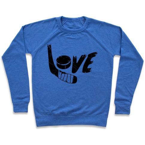 Virgin Teez  Pullover Crewneck Sweatshirt / x-small / Heathered Blue LOVE HOCKEY (DISTRESSED) CREWNECK SWEATSHIRT