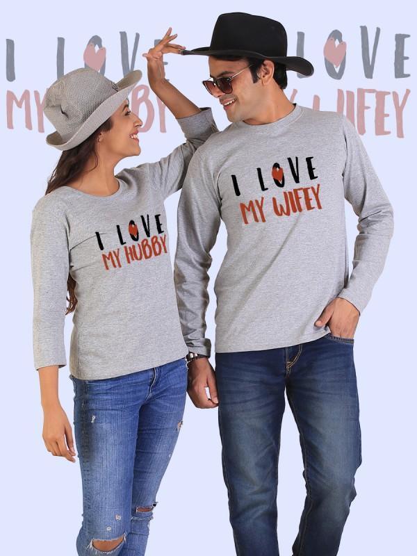 HUM TUM T-SHIRT Love My Hubby, Love My Wifey Couple Full Sleeves Gray