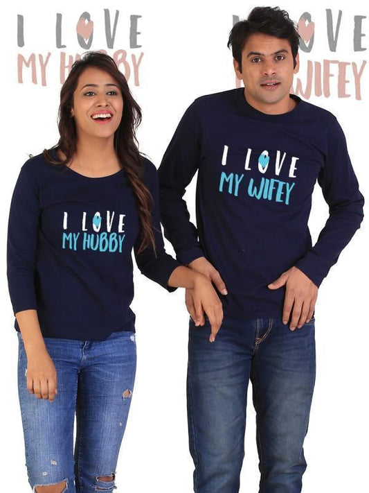 HUM TUM T-SHIRT Love My Hubby, Love My Wifey Couple Full Sleeves Navy