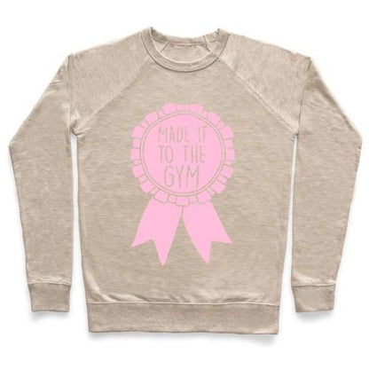 Virgin Teez  Pullover Crewneck Sweatshirt / x-small / Heathered Oatmeal MADE IT TO THE GYM AWARD RIBBON CREWNECK SWEATSHIRT