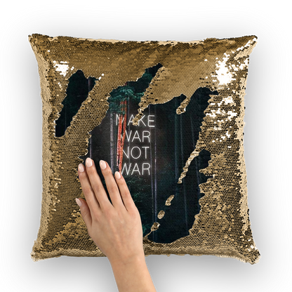 VIRGIN TEEZ Sequin Cover Gold / White Make War not War Sequin Cushion Cover