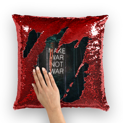 VIRGIN TEEZ Sequin Cover Red / White Make War not War Sequin Cushion Cover