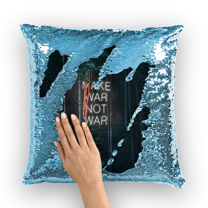 VIRGIN TEEZ Sequin Cover Light Blue / White Make War not War Sequin Cushion Cover