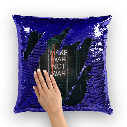 VIRGIN TEEZ Sequin Cover Navy / Silver Make War not War Sequin Cushion Cover