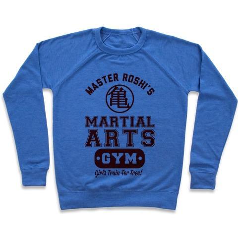 Virgin Teez  Pullover Crewneck Sweatshirt / x-small / Heathered Blue MASTER ROSHI'S MARTIAL ARTS GYM CREWNECK SWEATSHIRT