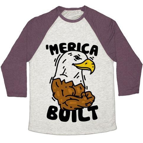 Virgin Teez  Baseball Tee Unisex Tri-Blend Baseball Tee / small / Oatmeal / Maroon 'MERICA BUILT UNISEX TRI-BLEND BASEBALL TEE